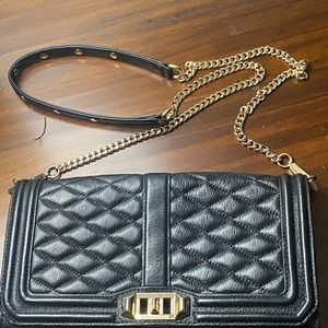 Rebecca Minkoff black leather “Love”crossbody bag with gold toned chain strap